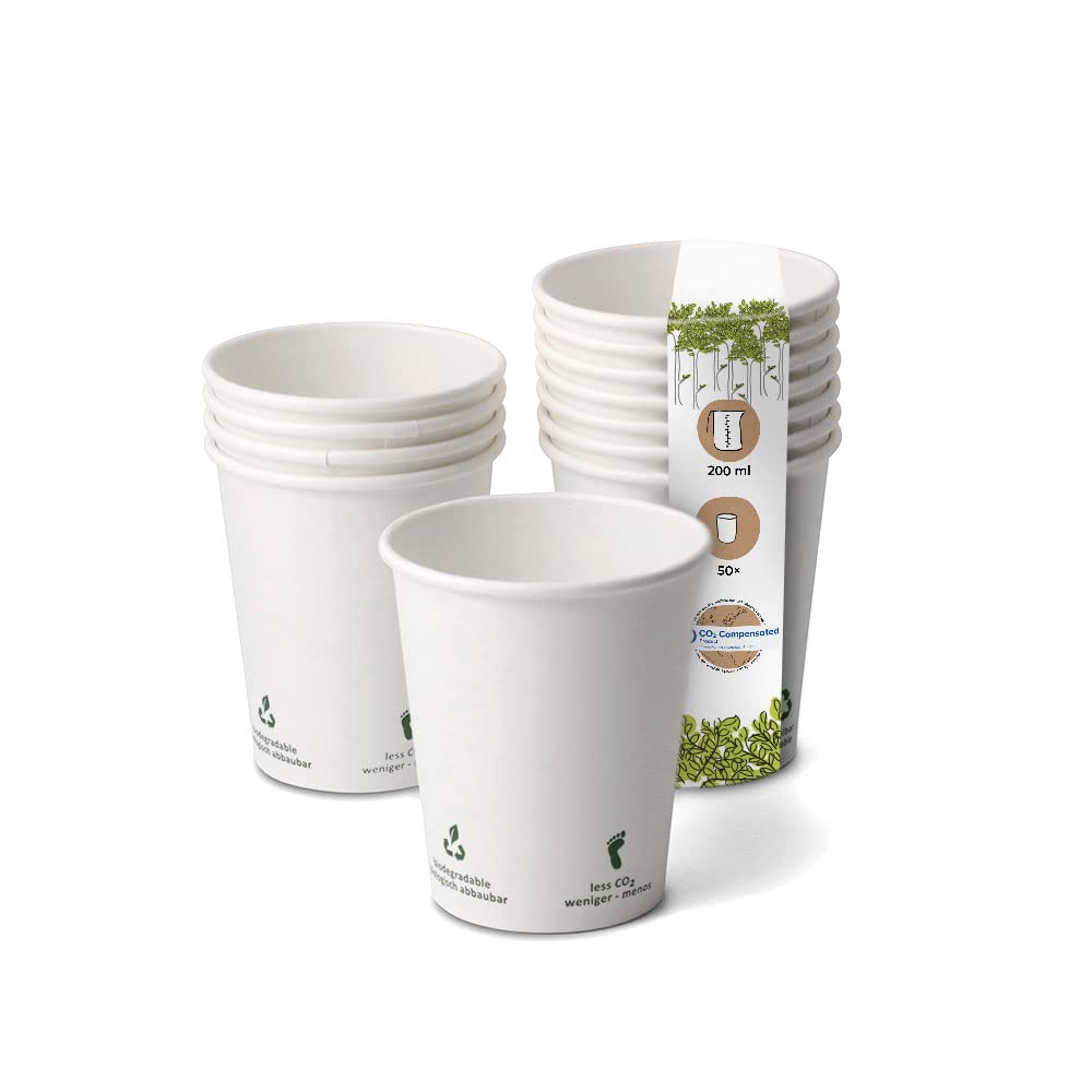BIOZOYG 50x Disposable Coffee Cups 200 ml / 8 oz, Ø 80 mm White with Environmental Icons - Paper Cups for hot Drinks Plastic-Free - Coffee Cups Disposable