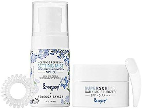 Supergooop x Rebecca Taylor Defense Refresh Setting Mist SPF 50 & Superscreen Daily Moisturizer SPf 40 Deluxe Travel Size, 2 Piece Set (Free Facial Spatula & Spiral Hair Tie Included)