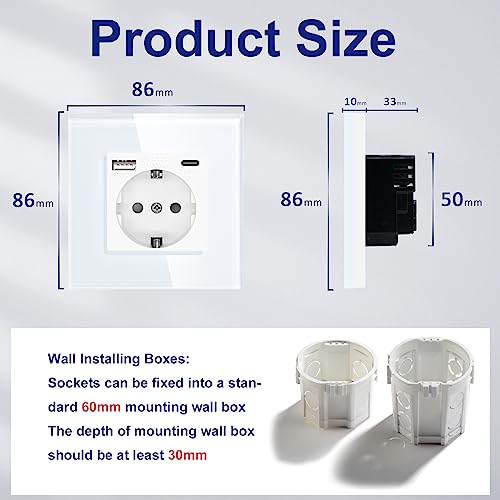 BSEED Wall Plug with USB C, Standard Schuko Plug with Crystal, 3 in 1, Child Safety, Easy to Install, M Series, 1 Plug with USB and Type C, 86 mm White