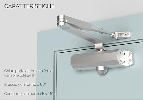 MERONI SERRATURE Aircraft Door Closer – Ambidextrous Variable Force with Standard Arm – EN 1154 Certified, Suitable for Wood, Aluminium and Metal Doors – Made in Italy