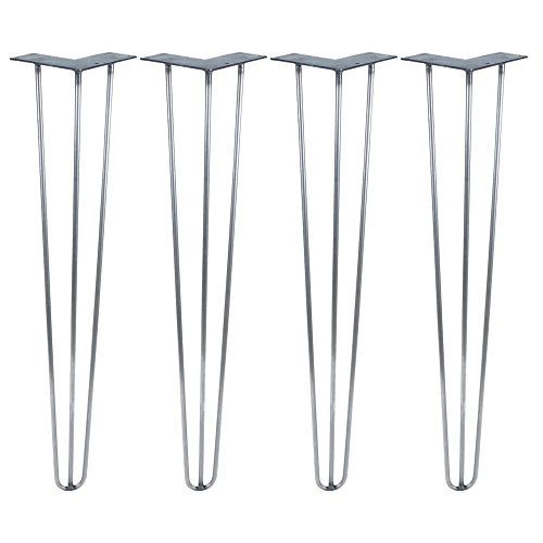 Set of Four 28 3-Rod Hairpin Legs - 3/8 or 1/2 Diameter - Made In The USA - Mid Century Modern - Available in Raw Steel, Black or White (28 Height x 1/2 Diameter (Heavy Duty), Raw Steel)
