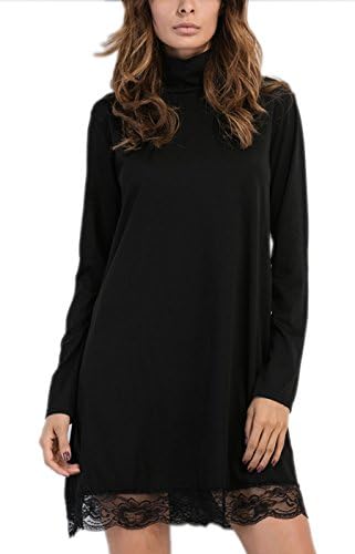 Summer Jun Women's Long Sleeve Cotton A-line Lace Stitching Trim Mini Dress
