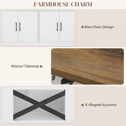 HOMCOM Sideboard Buffet Cabinet, 47" Farmhouse Kitchen Storage Cabinet with 4 Barn Doors and 3 Drawers, Coffee Bar Station with 2 Adjustable Shelves, 2 Open Shelves, White