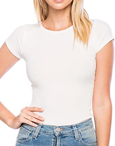 Womens Lace Up Cap Sleeves Basic Jersey Tank Bodysuit Sexy Clubwear Tops (Large, BDS01 Ivory)
