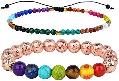 W WOOGGE 2 Pack Couples Bracelet for Men Women 8mm Lava Rock 7 Chakra Diffuser Bracelet Elastic Natural Stone Yoga Beads Bracelet Bangle
