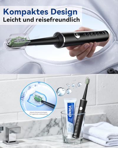 JTF Sonic Electric Toothbrush - Deep Cleaning for Sensitive Gums, 5 Modes, 45 Days Battery, 8 Heads, IPX7 Waterproof, Smart Timer, Ideal for Travel (Black)
