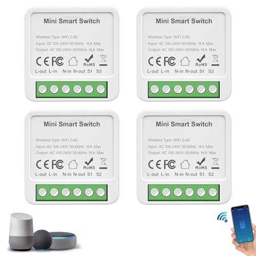 Redare Alexa wifi smart switch module,Mini Smart Relay Switch,16A Universal Breaker Timer Switch Works with Alexa/Google Home Assistant,Voice Control,Timer Function (Tuya 1 Gang, 4 pack)
