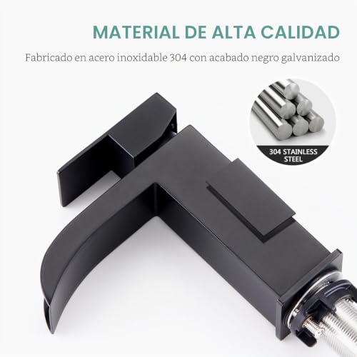 Faustina Bathroom Faucet for Rectangular Waterfall Basin and Click-Clack Drain Valve with Overflow, Bathroom Tap Mixing Dr Square with Drain Stainless Steel, Matte Black