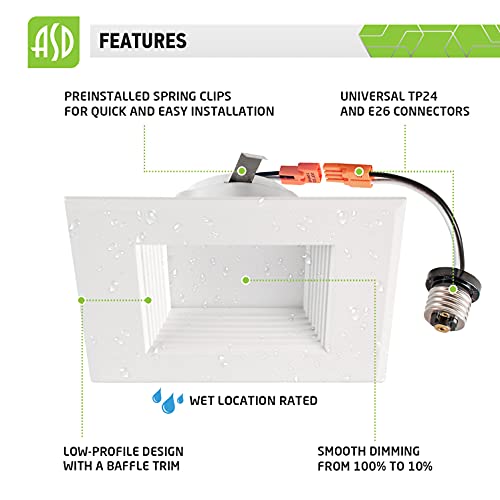 ASD 4 Inch Square Recessed LED Can Light Dimmable, Baffle Trim, 9W (40W Replace), 600Lm, CRI 90