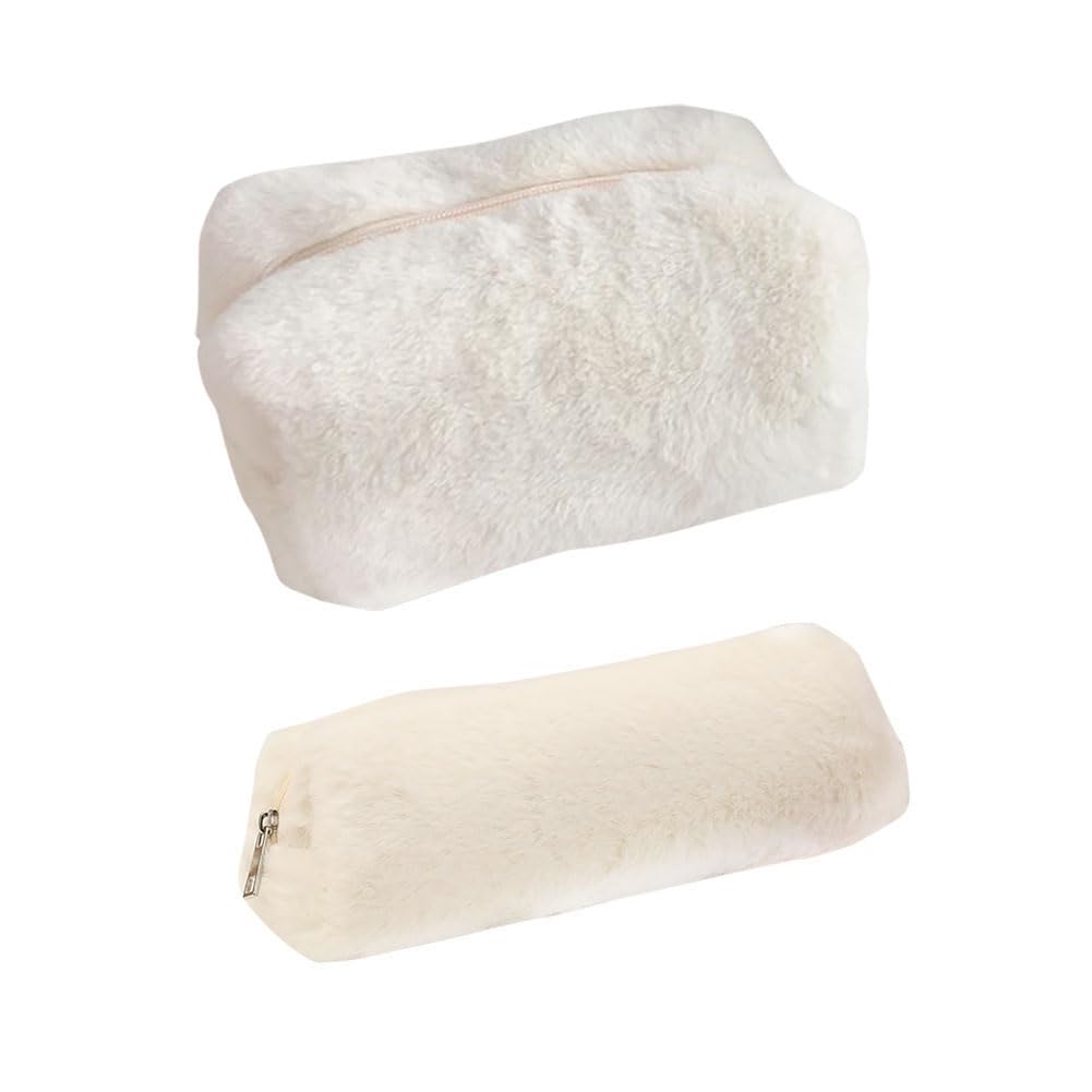 FSSTUD 2 Pcs Plush Makeup Bag Pencil Case Aesthetic Cosmetic Bag Fluffy Fuzzy Pencil Bag Makeup Brushes Storage Zipper Pouches Cute Travel Toiletry Pouch for Students White