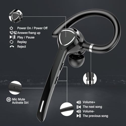 Bluetooth Headset with APTX HD Audio, Wireless Hands-Free Earpiece with CVC 8.0/ENC Dual Mic, Mute Button & Dual Device Connection, 90H Playtime Single-Ear Headphone for Trucker, Business, Black