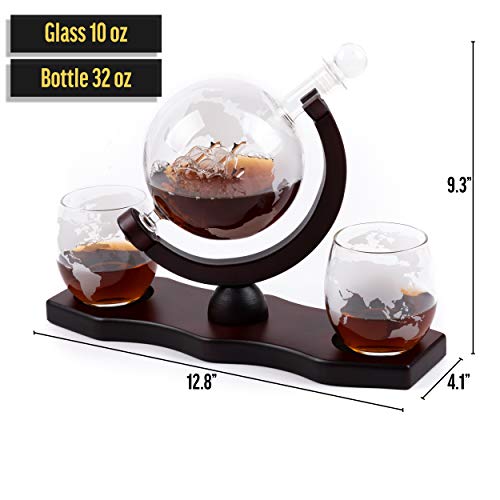 Moho Premium Whiskey Decanter | Handmade Globe Decanter Set With 2 Glasses | Durable Borosilicate | Ship In A Bottle | Perfect Gift | Liquor Dispenser for Whiskey, Bourbon, Scotch | Includes 9 Stones