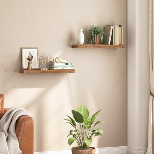 HOOBRO Floating Shelves for Wall, Wooden Floating Shelves Set of 2, Wall Mounted Shelf for Living Room, Bathroom, Bedroom, Floating Shelf with Invisible Bracket, Rustic Brown EBF60BJ01