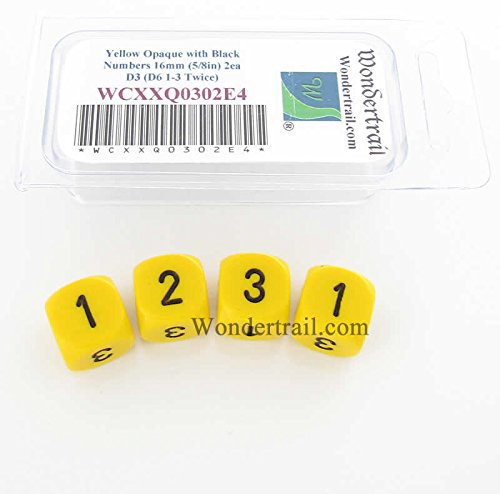 Yellow Opaque Dice with Black Numbers D3 (D6 1-3 Twice) 16mm (5/8in) Pack of 4 Wondertrail