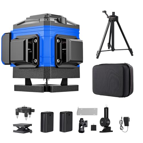 Nível a Laser 12 Linhas Verde Autonivelante 360°, Kit Completo com Tripé e Baterias para Construção e Reformas (Azul)