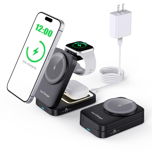 Cargador Inalámbrico,3 en 1 Estación de Carga para iPhone 17 16 15 14 13 12 Pro Max Apple Watch y AirPods,15W Cargador Rápido para iPhone,Luz,33W Adaptador,Regalos para Hombre Mujer (Negro-1)