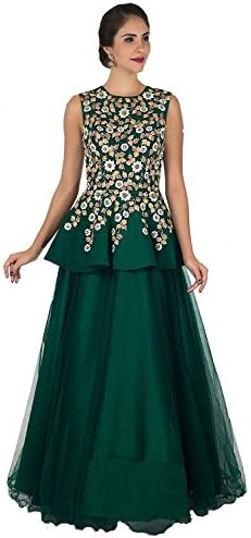 Queen of India Women's Taffeta Silk Embroidered Semi-Stitched Anarkali Gown (green)