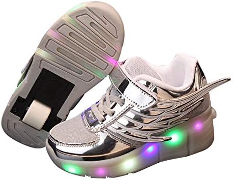 LCL By Walktrendy Boys and Girls Wings Roller Skate LED Sneakers in Silver Colour