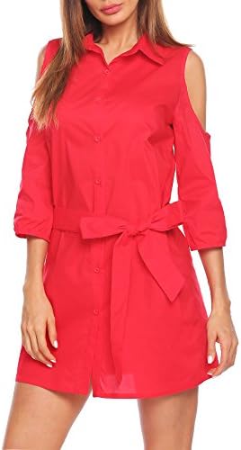 bubblebelle Womens Casual V Neck 3/4 Sleeve Button Down Boyfriend Shirt Dress With Belt