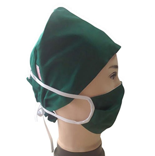 CPTDCL's Soft Cotton Sweatband Applique Inside Elastic Surgical Scrub Hat Easy Tied Back Nurse Dr Hat Cap with Mask, Green