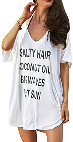 Women’s Coconut Printed Baggy Oversized T-shirt Beach Swimwear Bikini Cover Ups (Above US 8, White)