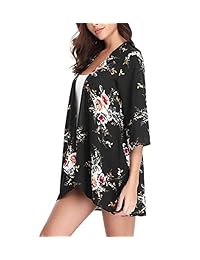 Kimono de manga 3 4 para mujer, diseño floral, chal de gasa para playa, blusa casual