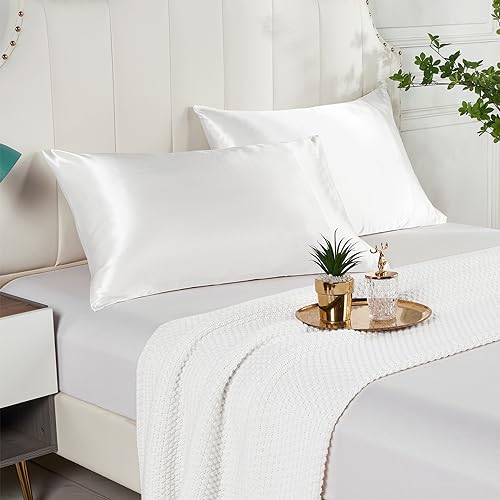 Guvar Satin Pillowcase for Hair and Skin Pillow Case 2 Pack Standard Size Super Soft Pillow Cases Set of 2 Slip Cooling Breathable Satin Pillow Cover（Ivory,20