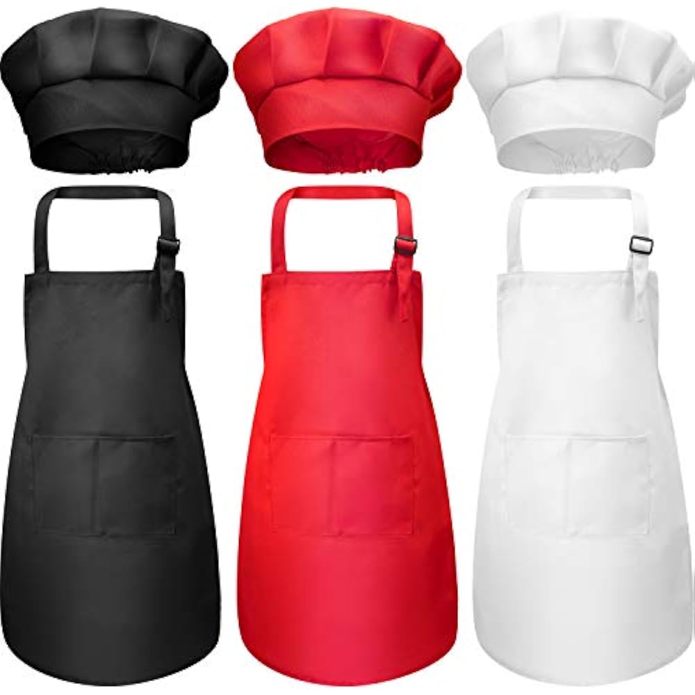 6 Pieces Kids Chef Hat Apron Set, Boys Girls Adjustable Cotton Aprons