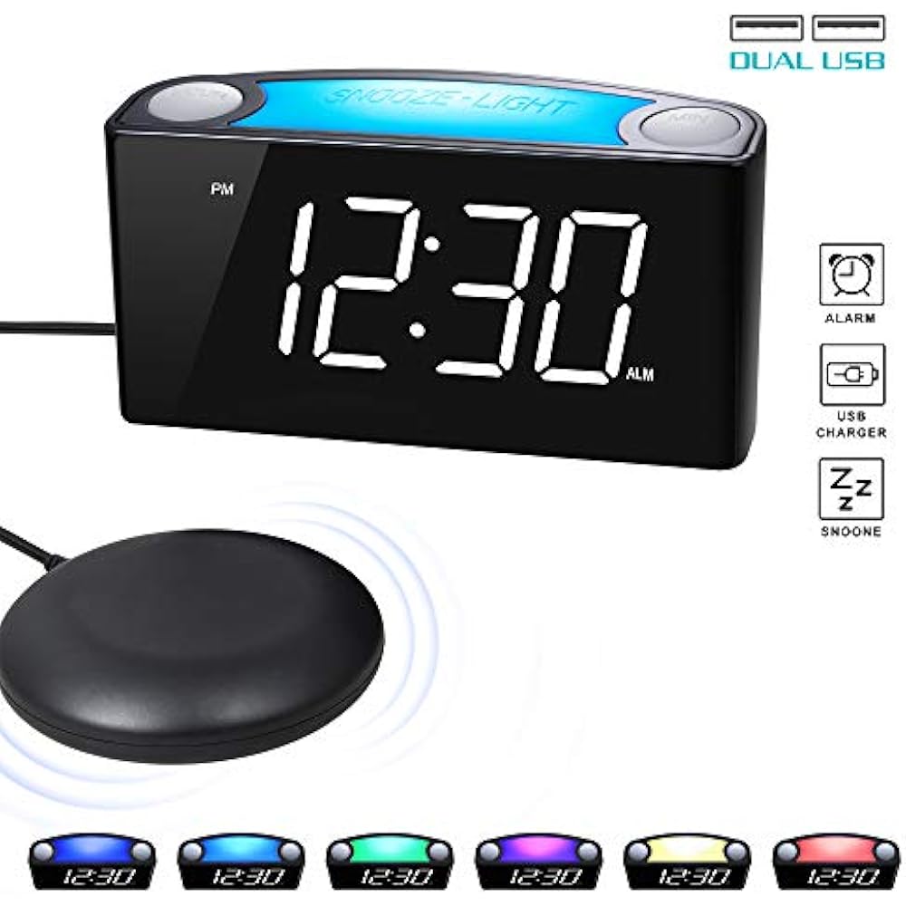 Vibrating Loud Alarm Clock With Bed Shaker, Best Sounds, Large LED