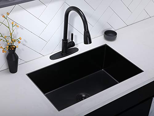 Ufaucet Commercial 32 Inch Extremely Durable Black Nano Titanium Plating T304 Stainless Steel Kitchen Sink,16 Gauge Undermount Single Bowl Handmade R10 Kitchen Sinks Includes Drain and Grid