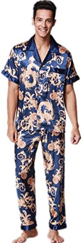 YUAKOU Men's Short Sleeve Satin Dragon Phoenix Pattern Silk Sleepwear Loungewear Pajama Set