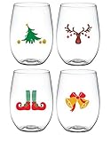 4-pack WINE-OH! Designer Shatterproof BPA Free Plastic 16 ounce Stemless Wine Glass (CHRISTMAS)