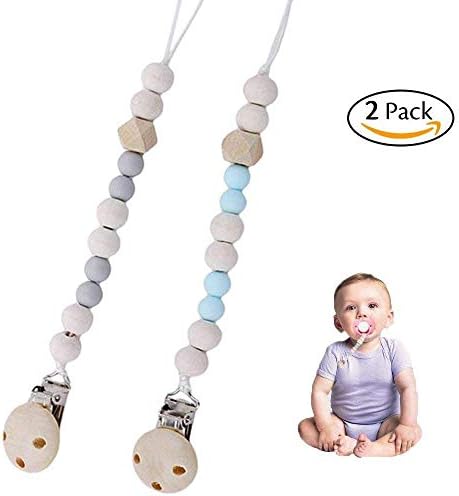 Baby Pacifier Clips, BPA Free Silicone Teether Wooden Pacifier Chain Holders Clip Binky Clip Newborn Baby Girl/Boy Soother Clip Chew Beads DIY Natural Baby Teething Grasping Toy, Set of 2 (Blue, Gray)