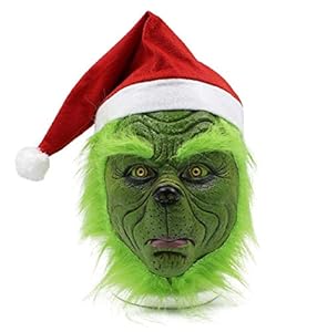 NECHARI Christmas Mask Seuss Deluxe Latex Green Full Head Christmas Fun with Red Hat and Green Mask