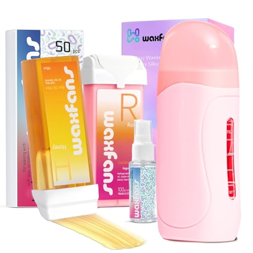 Roll on Wax Kit, Waxing Kit for Women and Men, Wax Roller Waxing Kit for All Skin Types, Roll on Waxing Kit for Hair Removal, with Honey and Rose Wax Cartridges & 50 Pcs Wax Strips