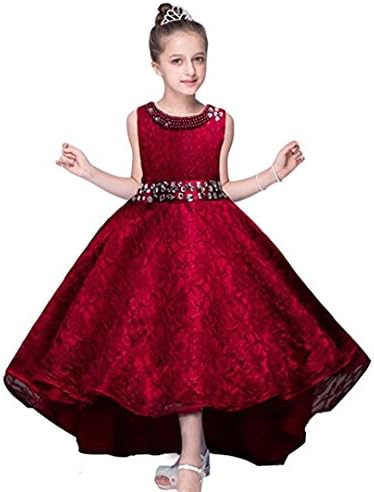 ZAH Big Little Girl Pink Flower Girl Dresses (Burgundy,13-14Y)