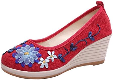 DENER Women Ladies Slip on Casual Shoes Espadrilles,Wedge Embroidered Wide Width Arch Support Comfortable Walking Shoes