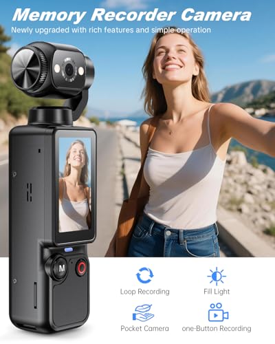 CGXUED Vlogging Camera with 180° Rotating Lens, Pocket Body Camera with Audio & Video Recording, 7-Hour Battery, Handheld POV Cameras with 32GB Card, Easy One-Button Recording for Travel(Black)