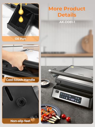 FOHERE Multifunctional 4 in 1 Contact Grill, Waffle Maker and Sandwich Maker with 4 Removable Non-Stick Plates, Individual Time and Temperature, LED Display, 2000W