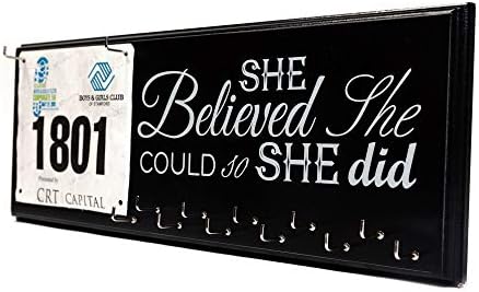 Zazzy Signs Running Medal Display Rack and Bib Holder, Beautiful Handcrafted Wood Sign, Wall Mounted, 22" x 7", 11 Hooks, Holds Up to 30+ Medals, Find Your Happy Pace