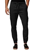 Mens Black Twill Chino Jogger Pants Cargo Slacks Tapered Cotton Trousers
