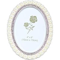 VI N VI 4" x 6" Oval Picture Frame Lined with White Pearls and Silver Rhinestones