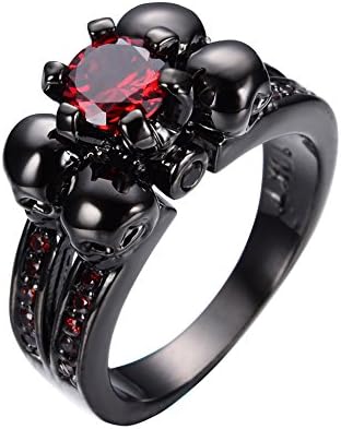 Bamos Jewelry Womens Red Lab Stone Skulls Ring Engagement Wedding Black Gold Plated Garnet Womens Ring Size 5-10