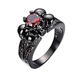 Bamos Jewelry Womens Red Lab Stone Skulls Ring Engagement Wedding Black Gold Plated Garnet Womens Ring Size 5-10
