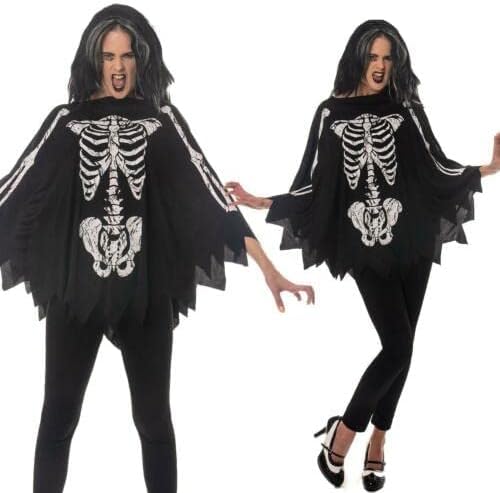 SoWest Women’s Vampire Bat Wings Costume – Skeleton Print Poncho Cape | Gothic Halloween Fancy Dress Outfit for Adults | Black Vampire & Bat Cosplay Cape One Size