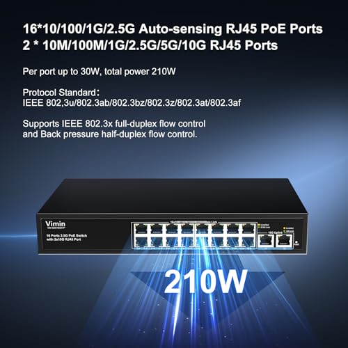 18 Port 10G/2.5G Ethernet Switch with Dual 10GBASE-T, Vimin 16x2.5G + 2 Port RJ45 10GB Unmanaged Switch 80Gbps Capacity 80Gbps Capacity 10G Desktop Network Switch for NAS PC AP