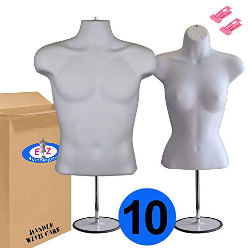 10-Pack Male + Female Mannequin Torso Set, Dress Form Hollow Back Body Tshirt Display, with Stand for Counter by EZ-Mannequins for Craft Shows, Photos or Design, Easy to Assemble and Store, S-M Sizes.