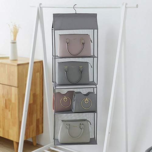 Aoolife Hanging Purse Handbag Organizer,Clear Hanging Shelf Bag Collection Storage Holder-Dust-Proof Closet Wardrobe Hatstand Space Saver,4 Shelfï¼ˆGreyï¼‰