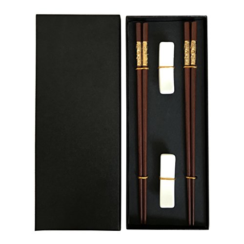 Chinese Dragon Chopsticks, Red Sandalwood, Reusable Classic Style, 2 Pairs Wooden Chopsticks with Holder and Case, Value Gift Set