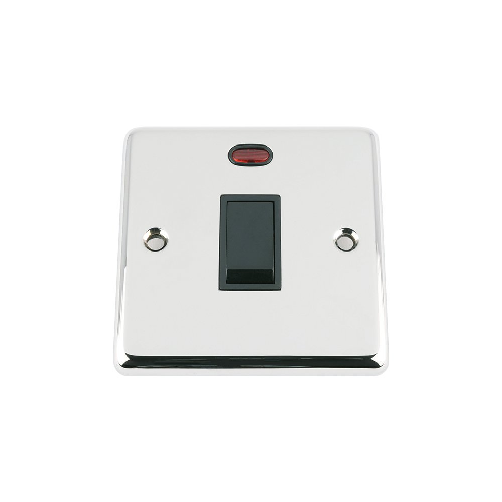 20A Double Pole Switch - Polished Chrome Classic - Black Insert Plastic Switch - DP Water Heater Switch with Neon Indicator